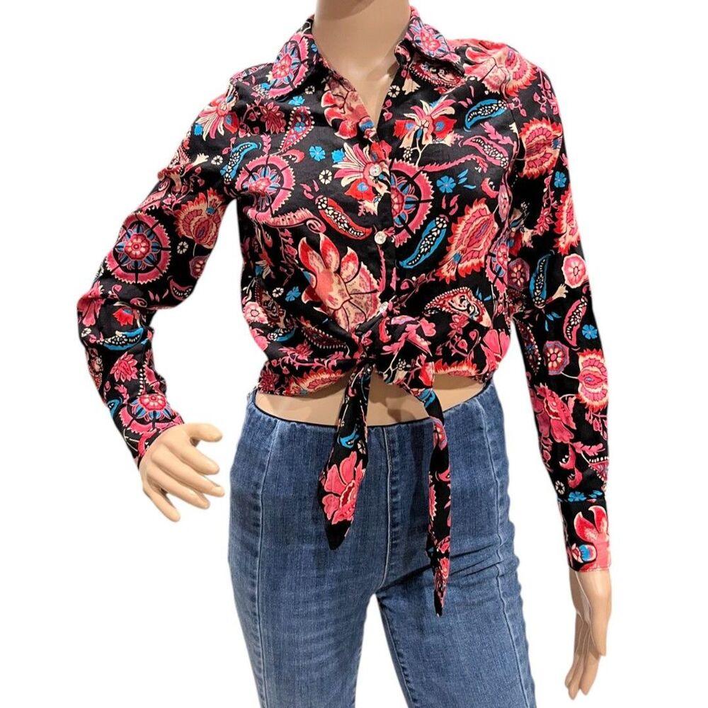 RACHEL ROY Colorful Floral Button-Up Long Sleeve Bohemian Tie Front Top Sz XS